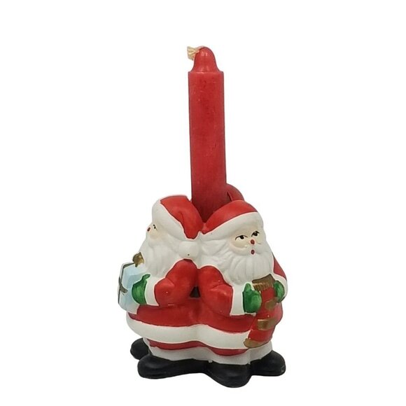 Vintage 90s Holiday Christmas Santa Claus Trio Candle Holder Table Decor - Picture 4 of 7